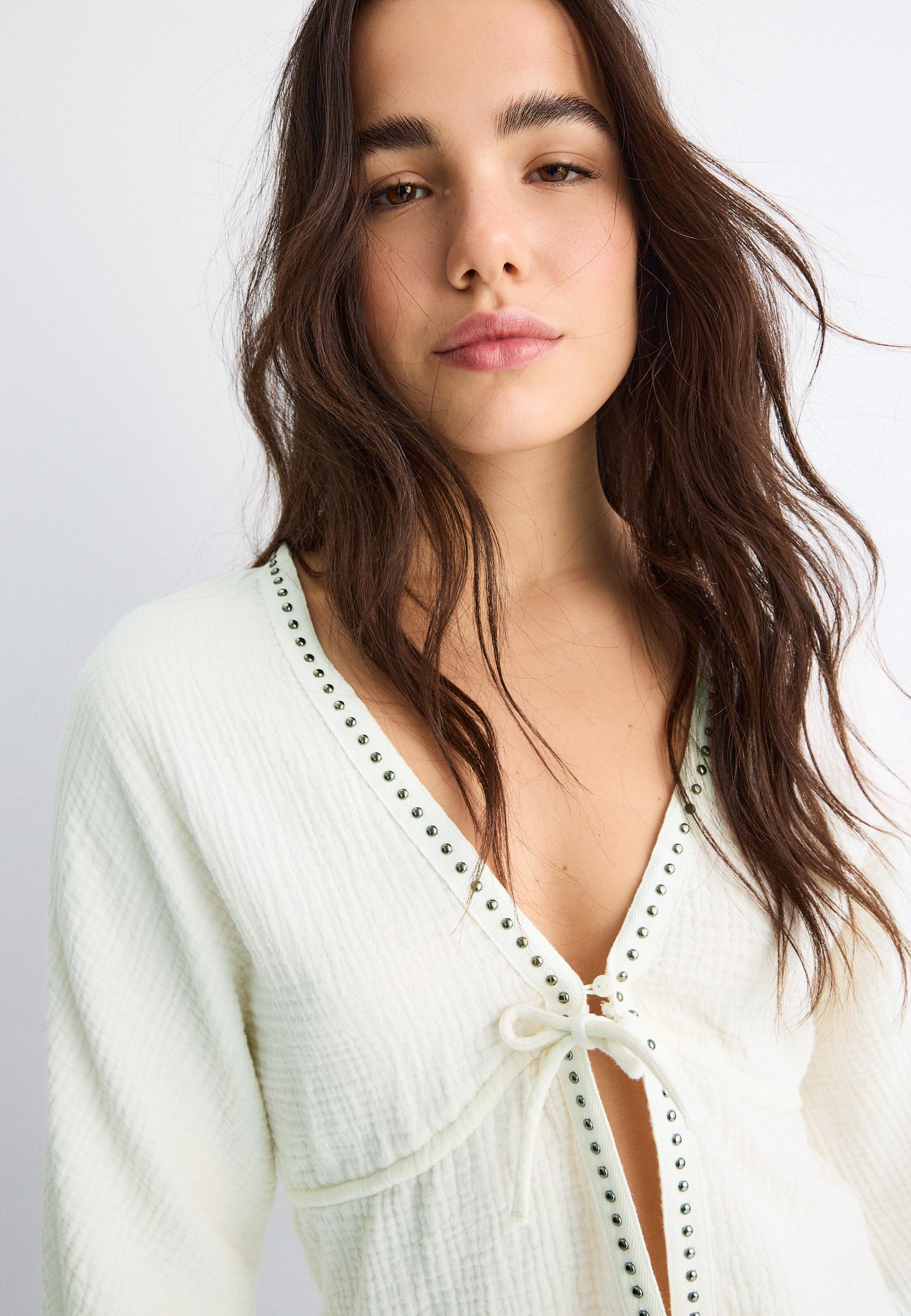 Open studded shirt — Ecru