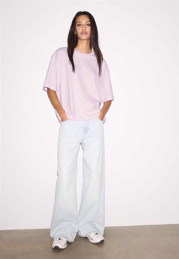 Stradivarius Κοντομάνικη Μπλούζα Oversize Παστέλ Ροζ L