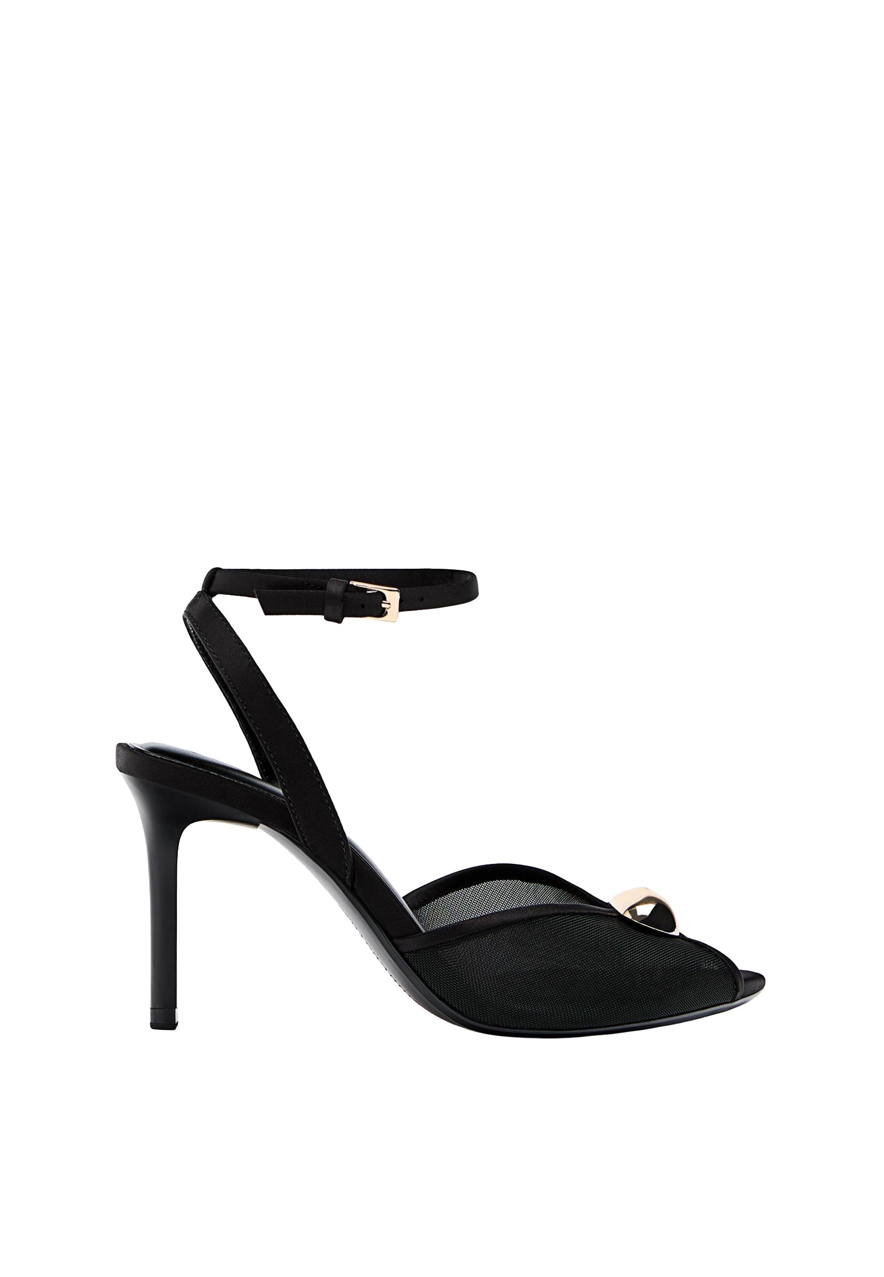 Heeled mesh sandals with metal detailing — BLACK