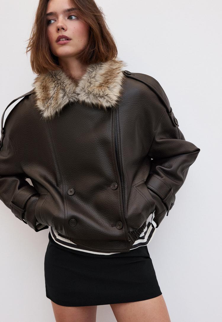 Padded jacket with faux fur collar detail — Brown