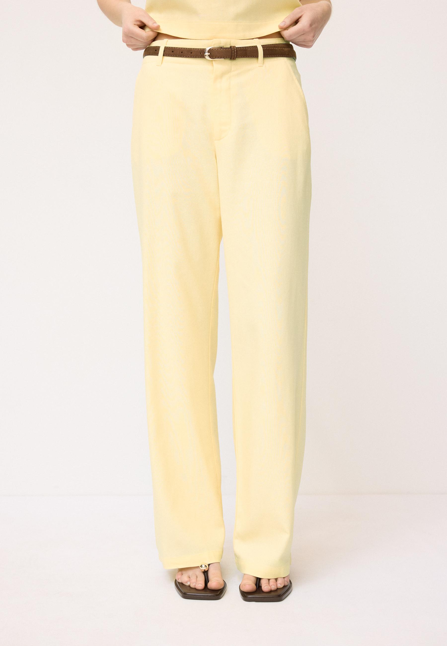 Straight-leg linen-effect trousers with belt — Pale yellow