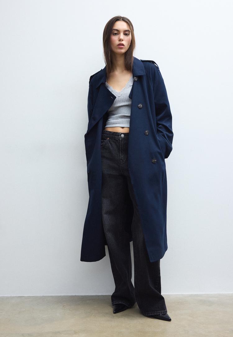 Stradivarius Trenci Lung Fluid Bleumarin Xl