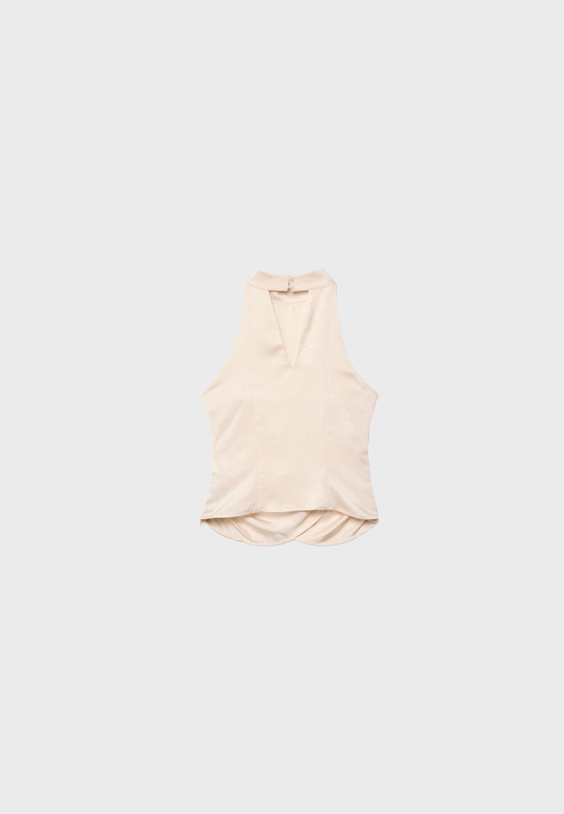 Satin halter neck top with ruching — Vanilla