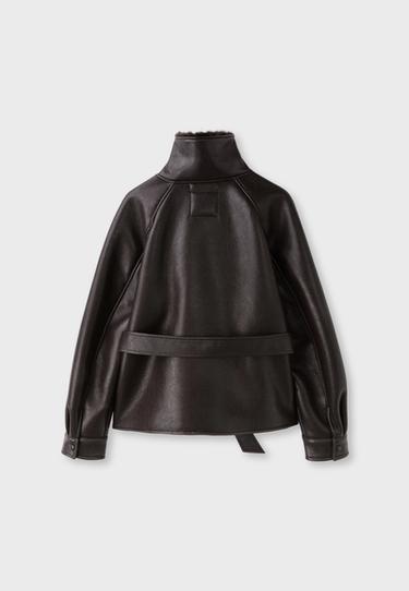 Leather effect double-faced high neck jacket — Brown 8