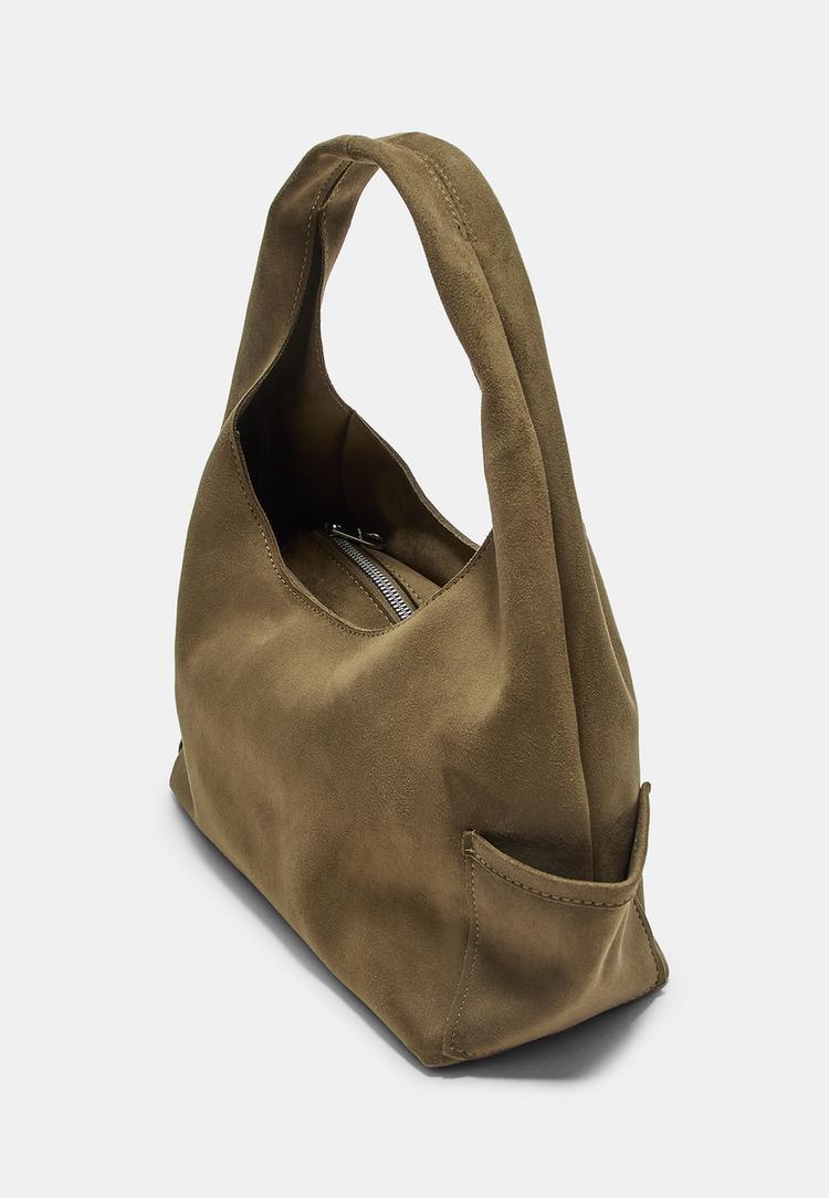 faux suede shoulder bag with pockets