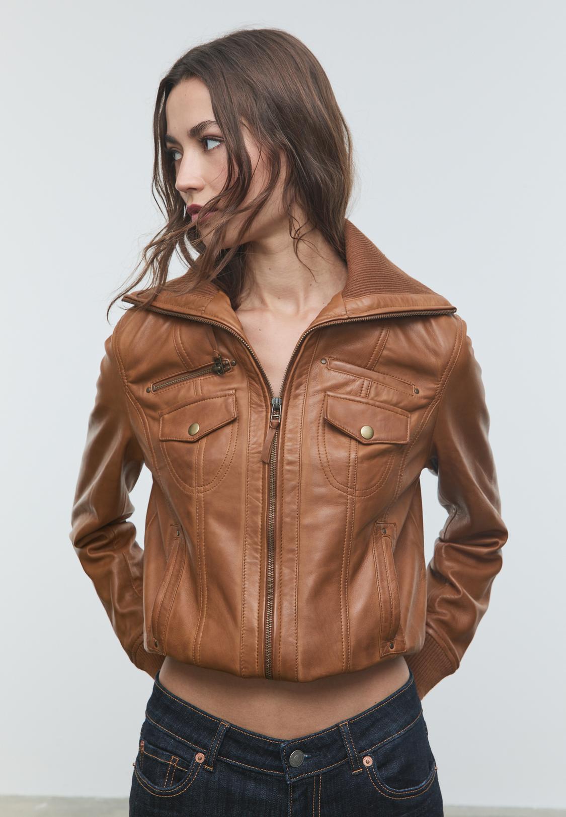 Leather jacket with contrast ribbing Women's fashion