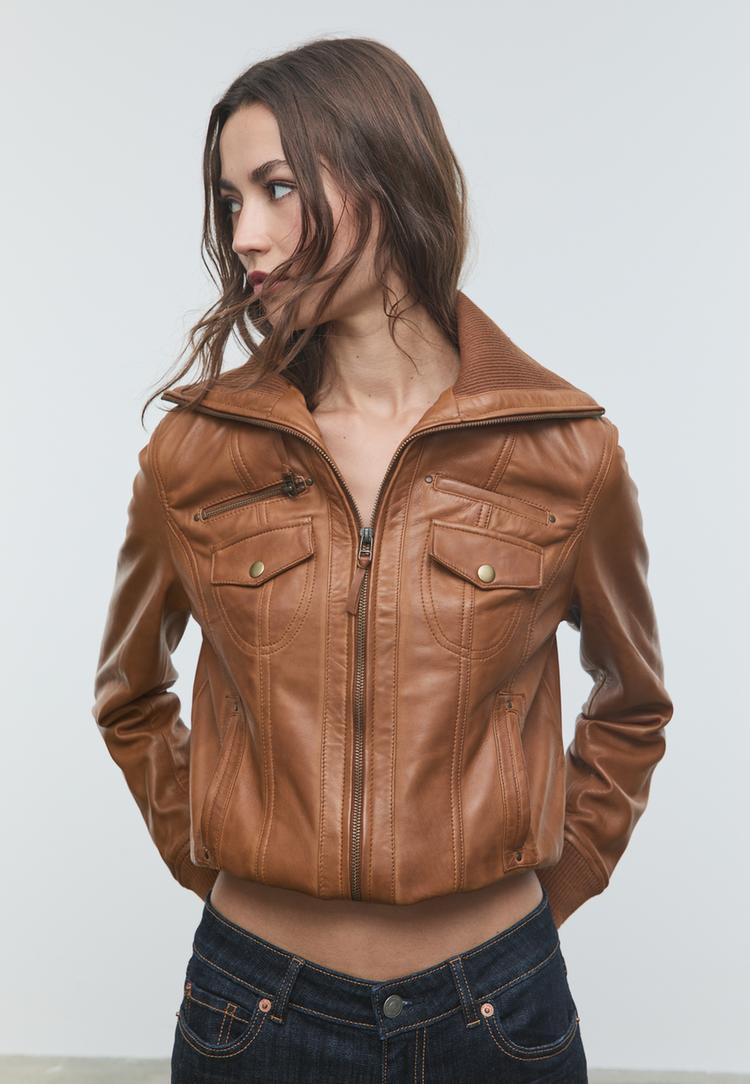 leather jacket with contrast ribbing