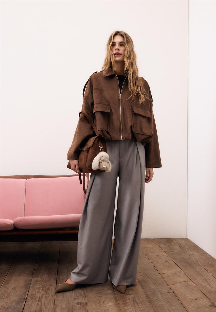 Stradivarius Geacă Balon Din Imitație De Piele De Căprioară Maro S