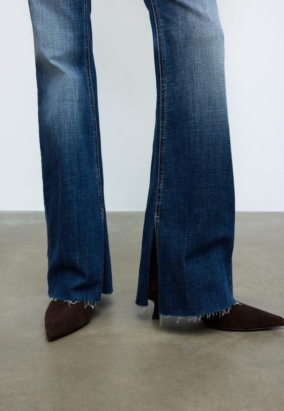 Stradivarius D74 Flared Jeans With Slit Rinse Blue Denim 6