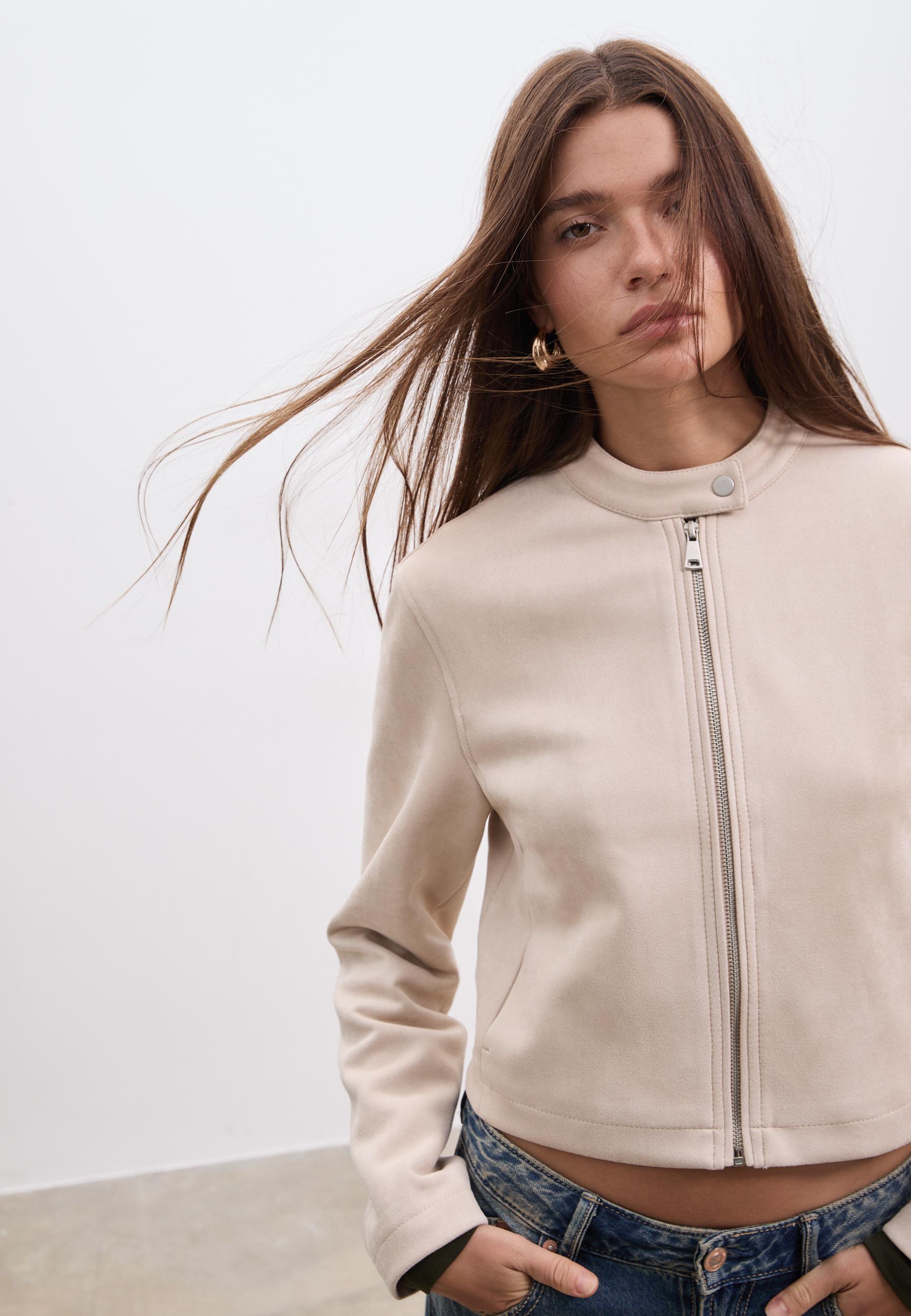 Stradivarius Μπουφάν Με Φερμουάρ Και Συνθετικό Σουέντ Εκρού Xs
