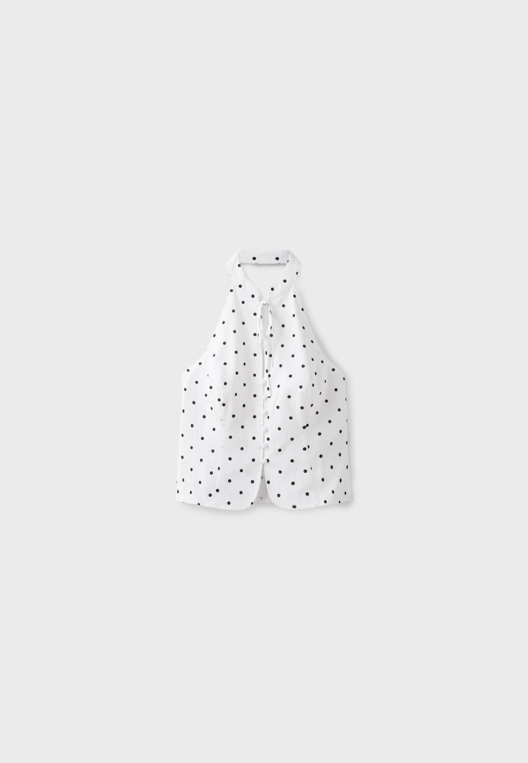 Polka dot print fitted halter top — Ecru