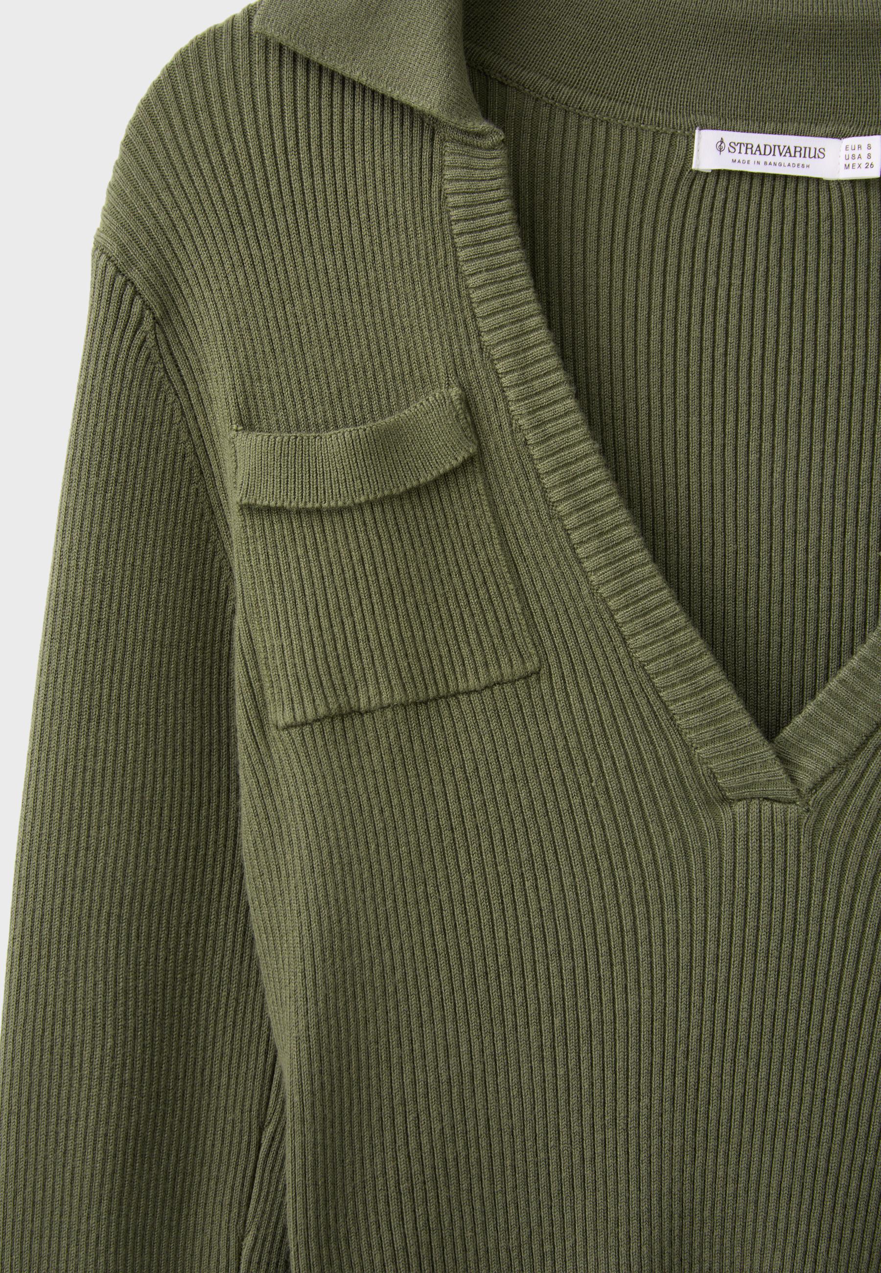 Polo collar knit jumper with pockets — Khaki