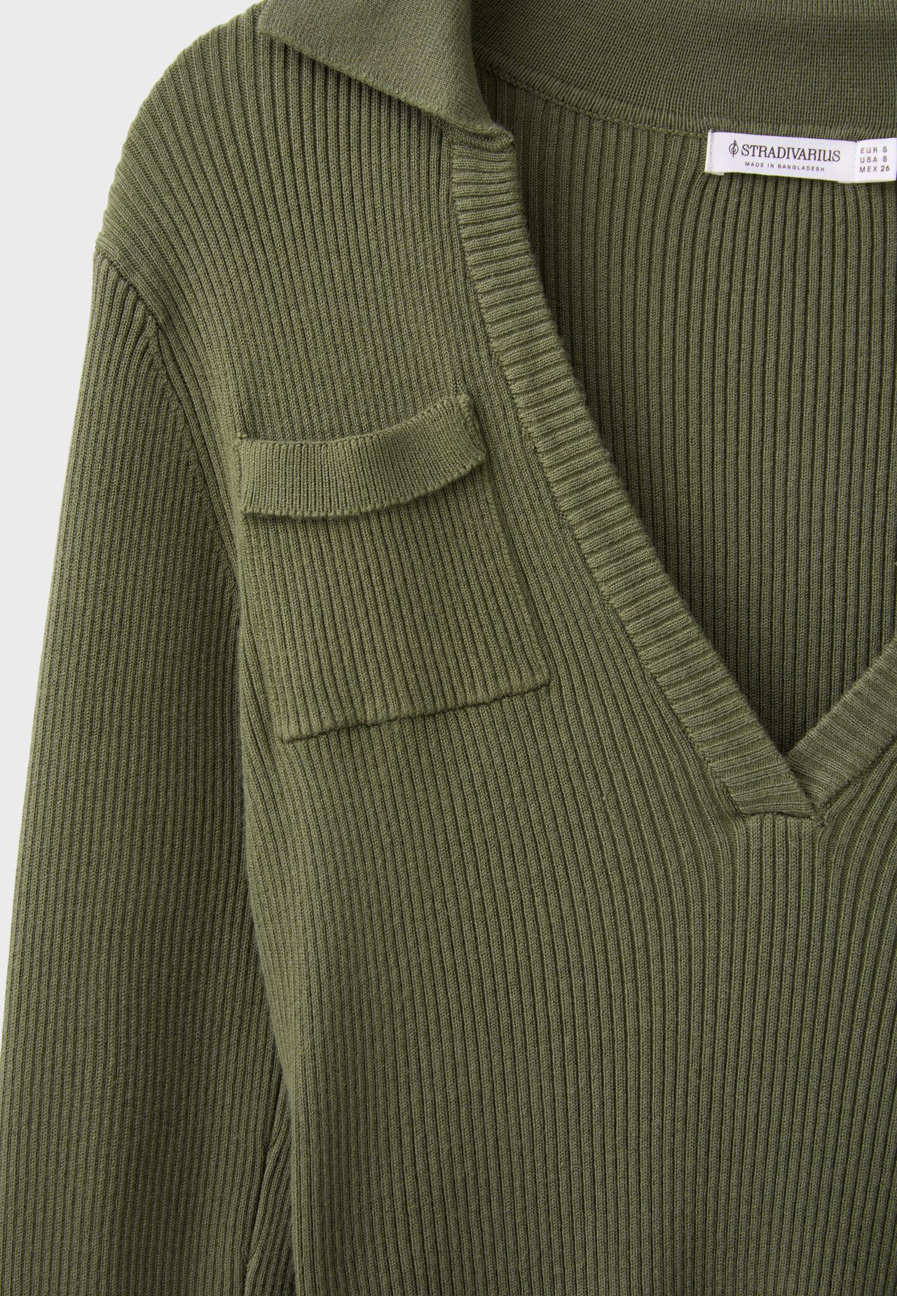 Polo collar knit jumper with pockets — Khaki