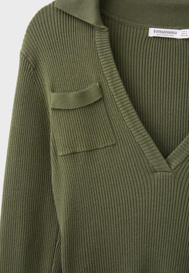 Polo collar knit jumper with pockets — Khaki 9