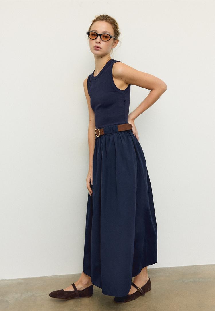 Stradivarius Rochie Midi Bimaterială Fără Mâneci Cu Curea Albastru Închis S