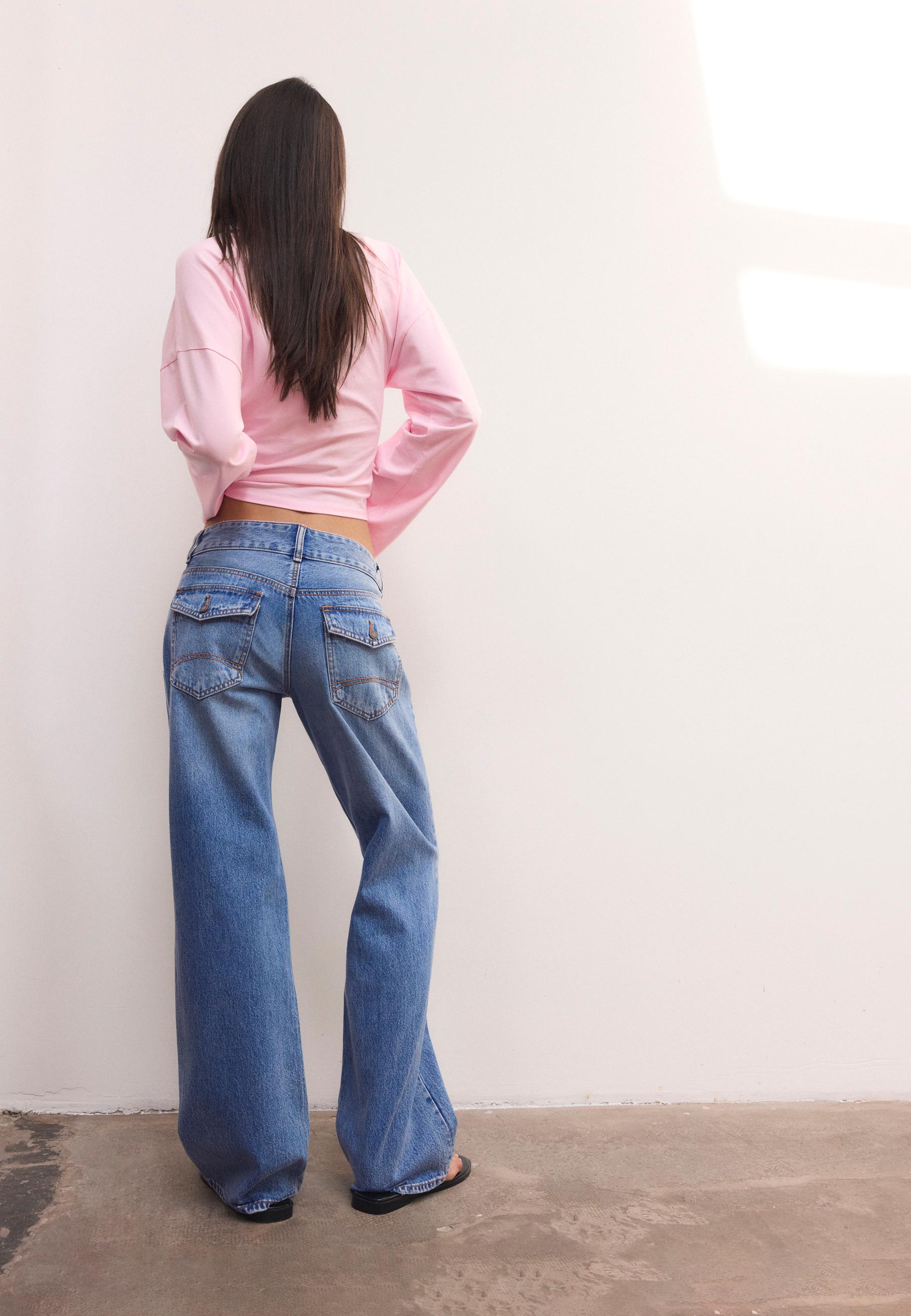 Double metal button straight-leg jeans — MEDIUM LIGHT BLUE DENIM