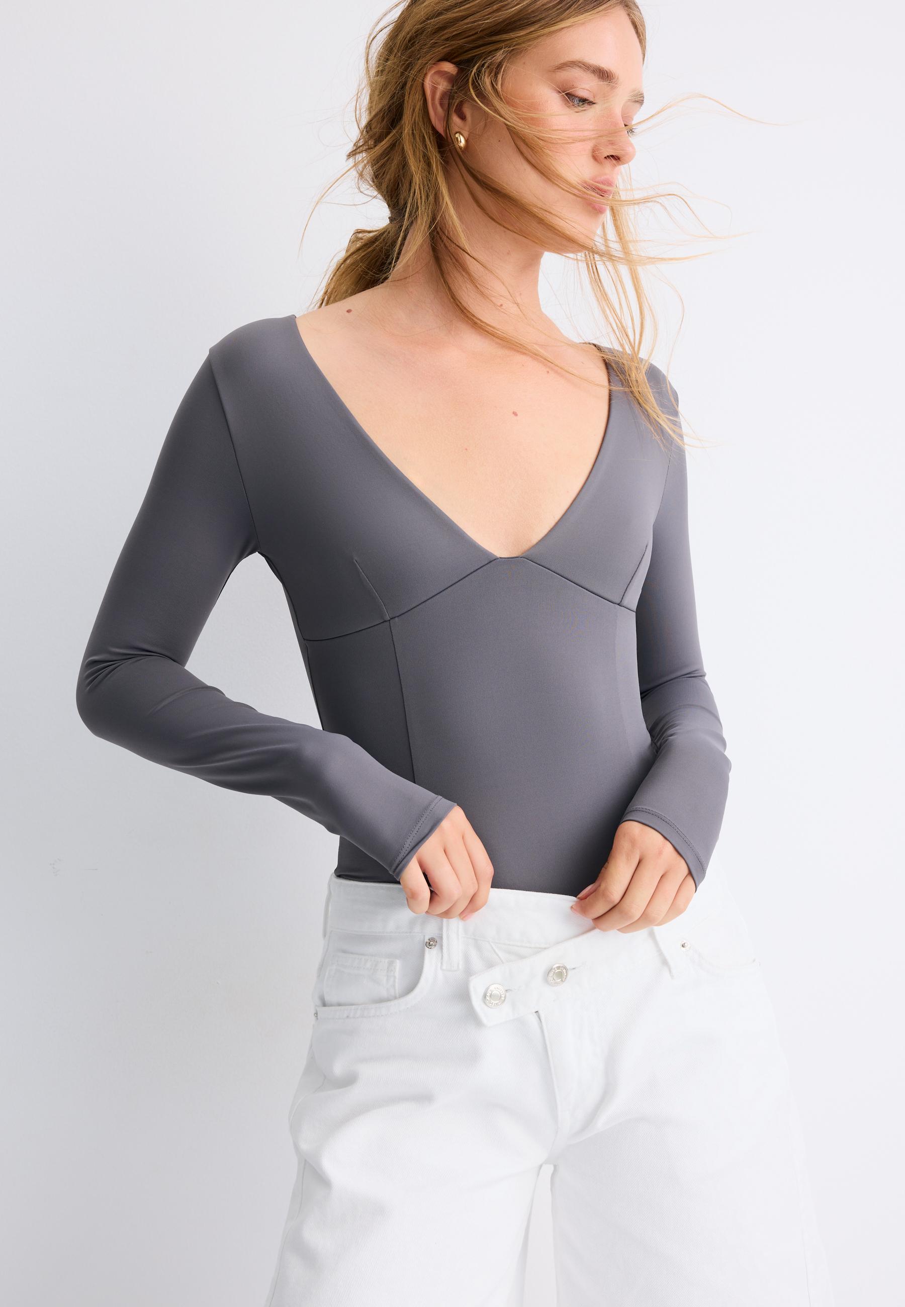 V-neck bodysuit with under-bust gathering — Dark grey