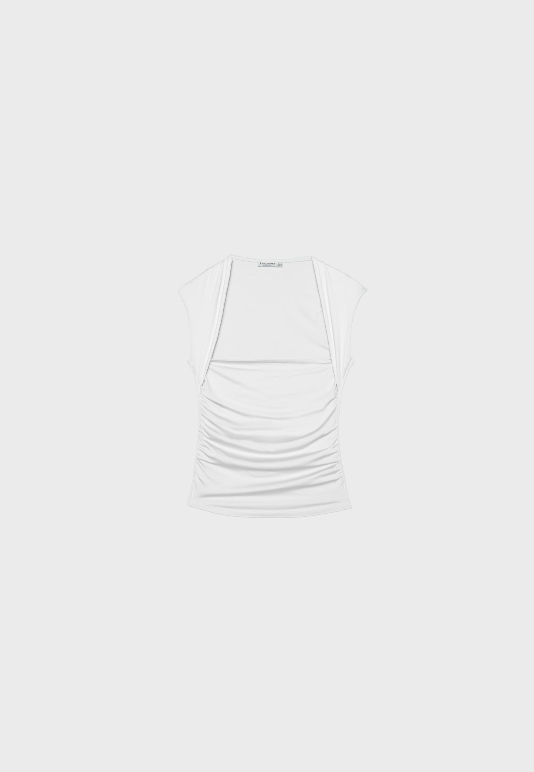 Polyamide Ruched Square Neck T-Shirt — Ecru