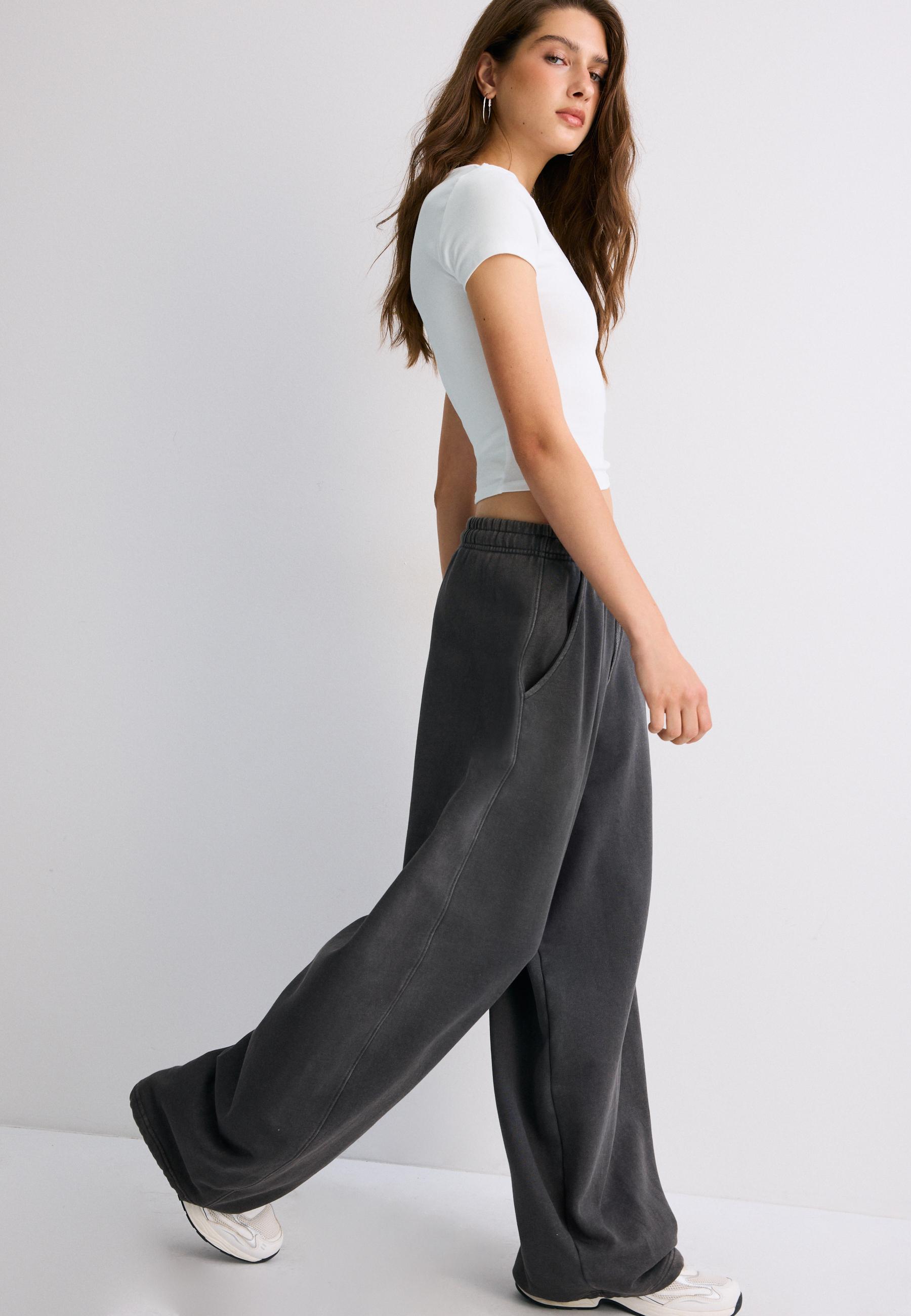 Acid wash plush jogger trousers with toggles — Dark grey