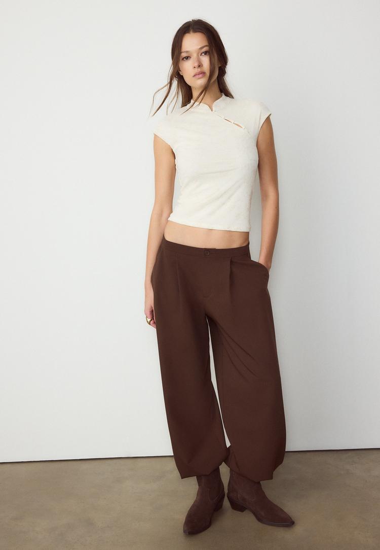 Stradivarius Φλοκαριστό Μπλουζάκι Τύπου Τσιπάο Εκρού Xl