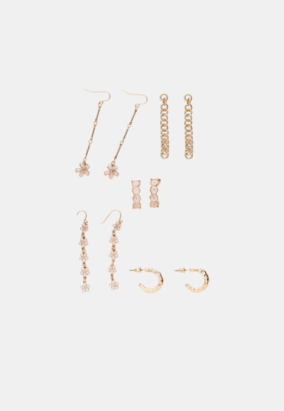 Stradivarius Set Of 9 Enamelled Flower Earrings Gold Os