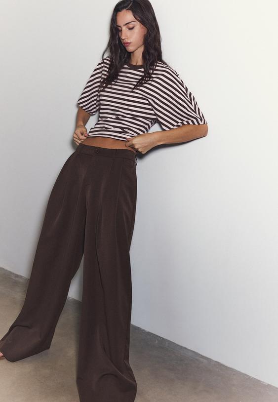 Stradivarius Wide-Leg Tailored Trousers With Darts Brown 8