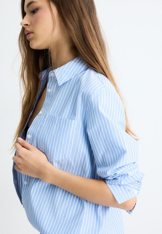 camicia basic a righe con tasca in popeline