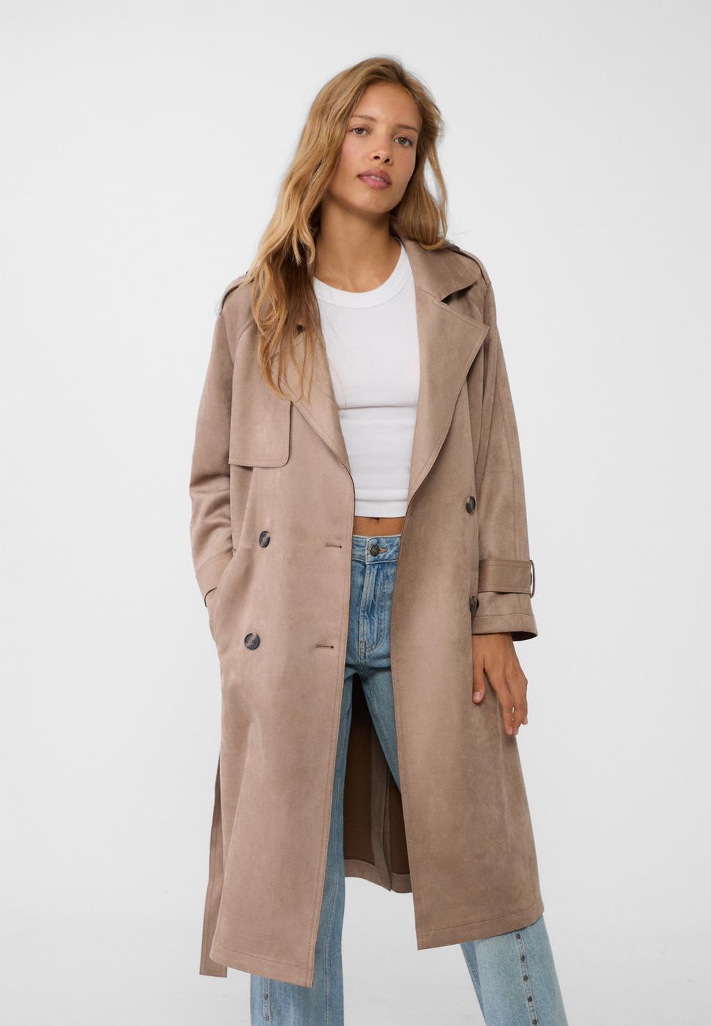 Long faux suede trench coat