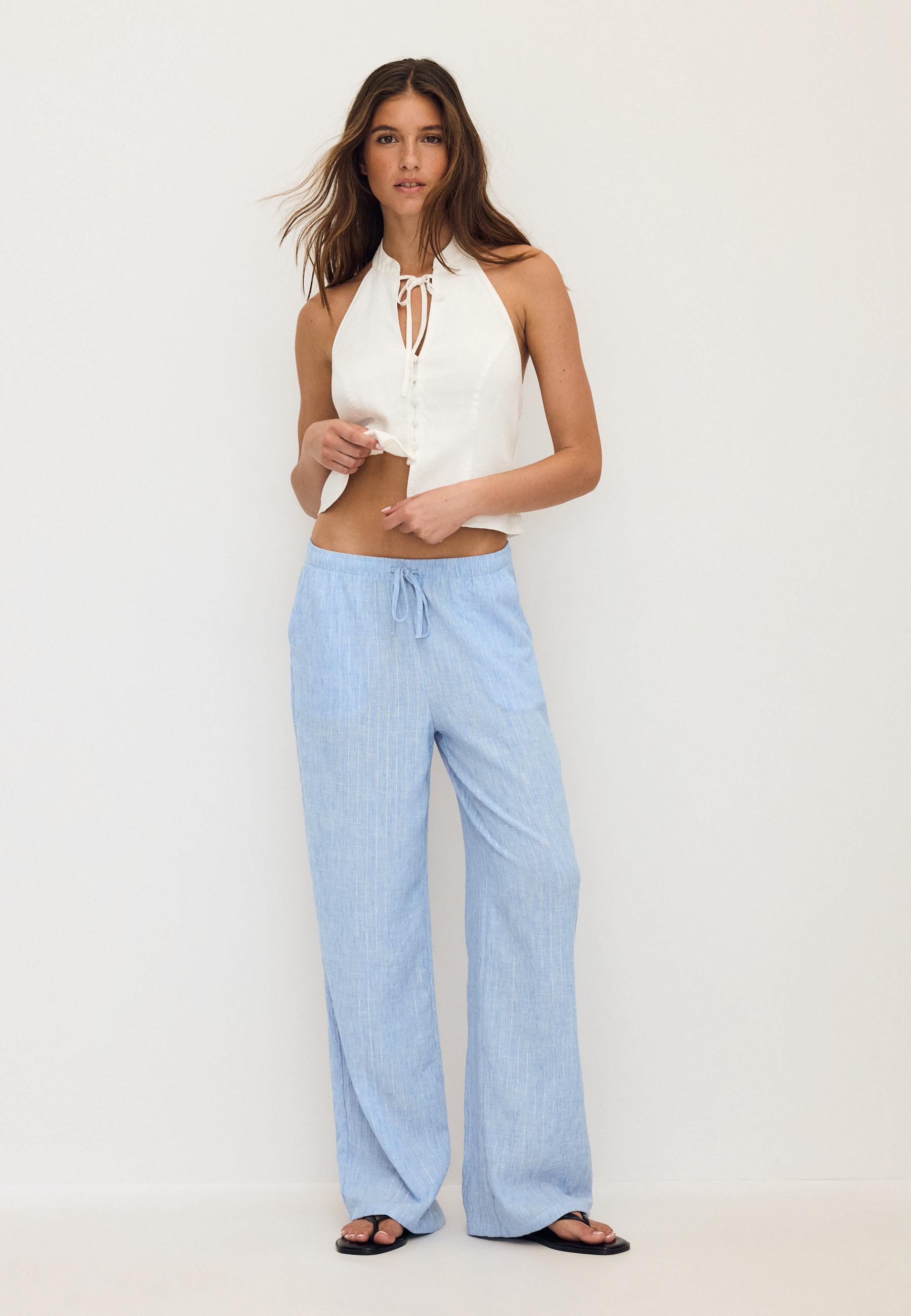 Flowing metallic thread linen-effect trousers — Blue