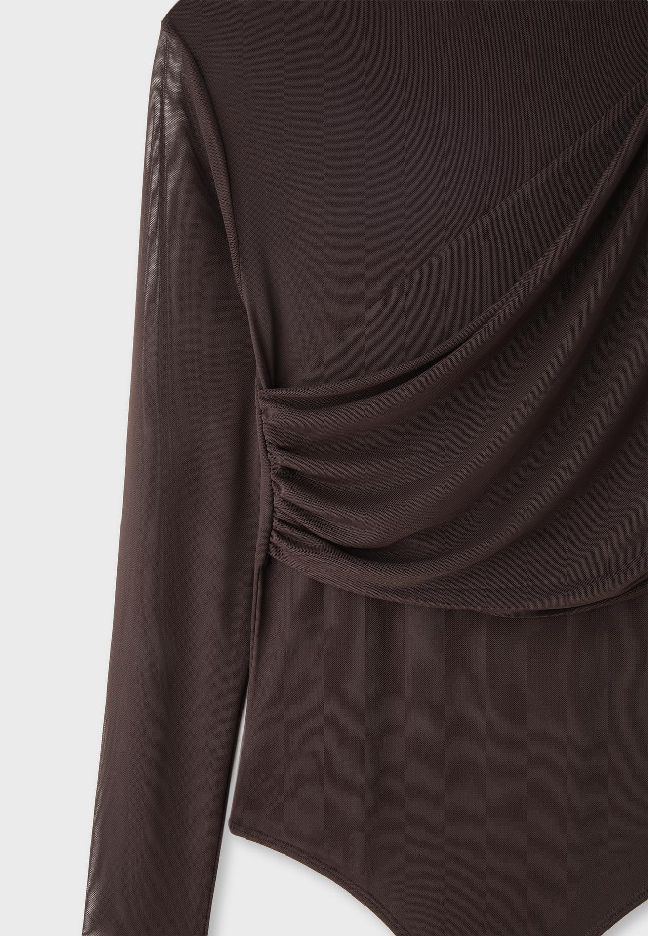 Long sleeve mesh draped bodysuit — Brown