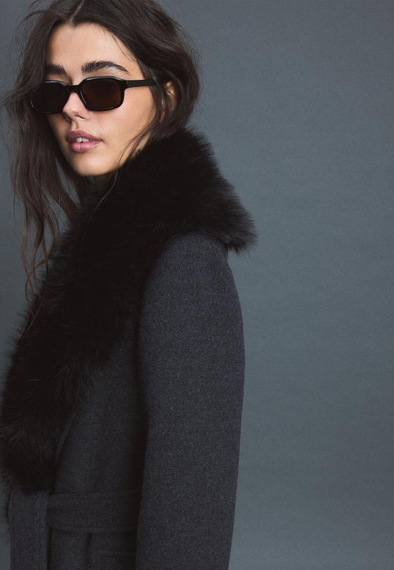 Stradivarius Midi Coat With Fur Collar Dark Grey M