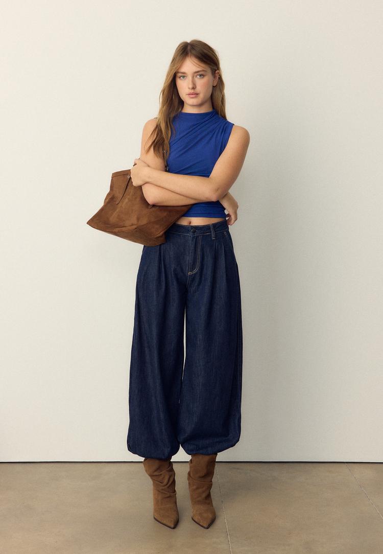 Stradivarius Μπλούζα Με Σούρες Από Τούλι Μπλε Ελεκτρίκ Xs