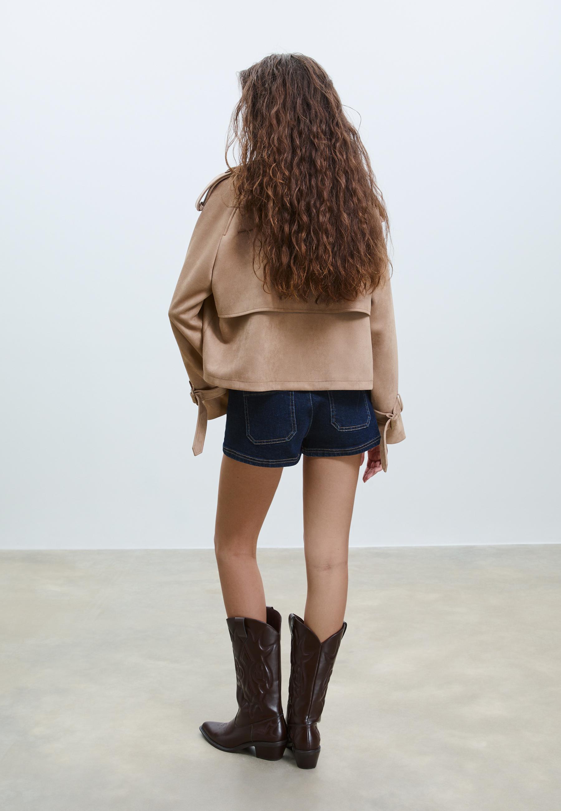Short faux suede trench coat — Caramel
