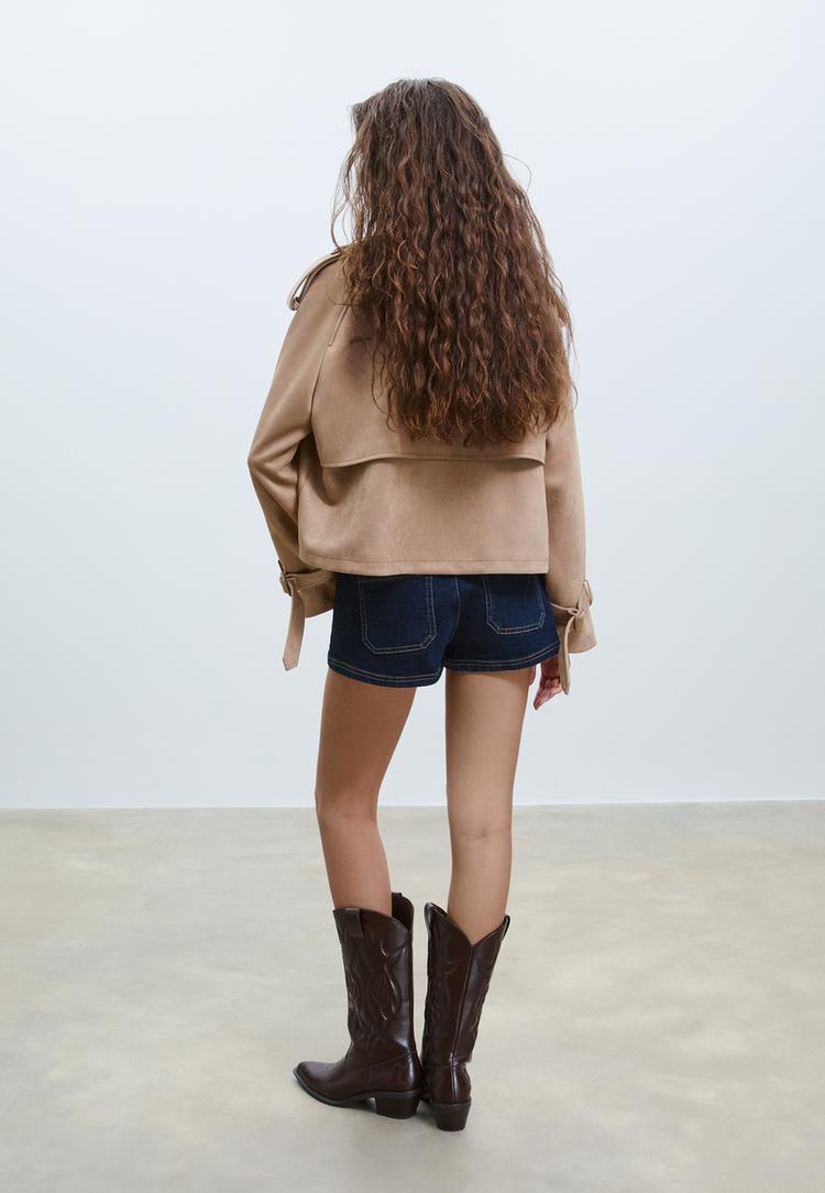 short faux suede trench coat