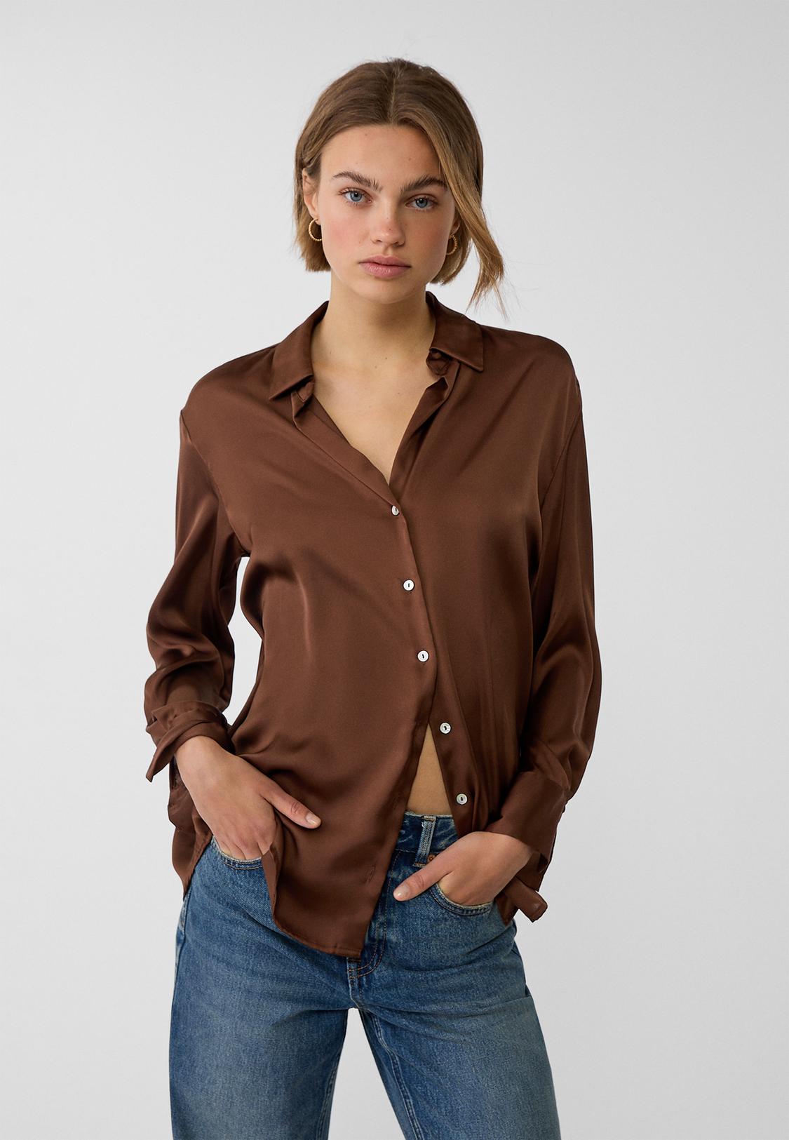 Blusa Saten Blusa Cuello Pico Stradivarius Camisa Satén Cuello