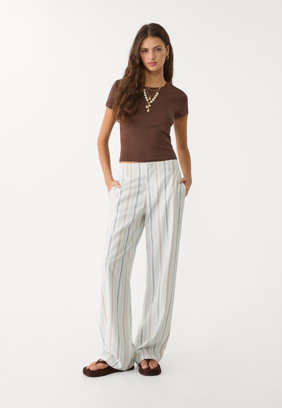 Straight fit dökümlü çizgili keten karışımlı pantolon_8
