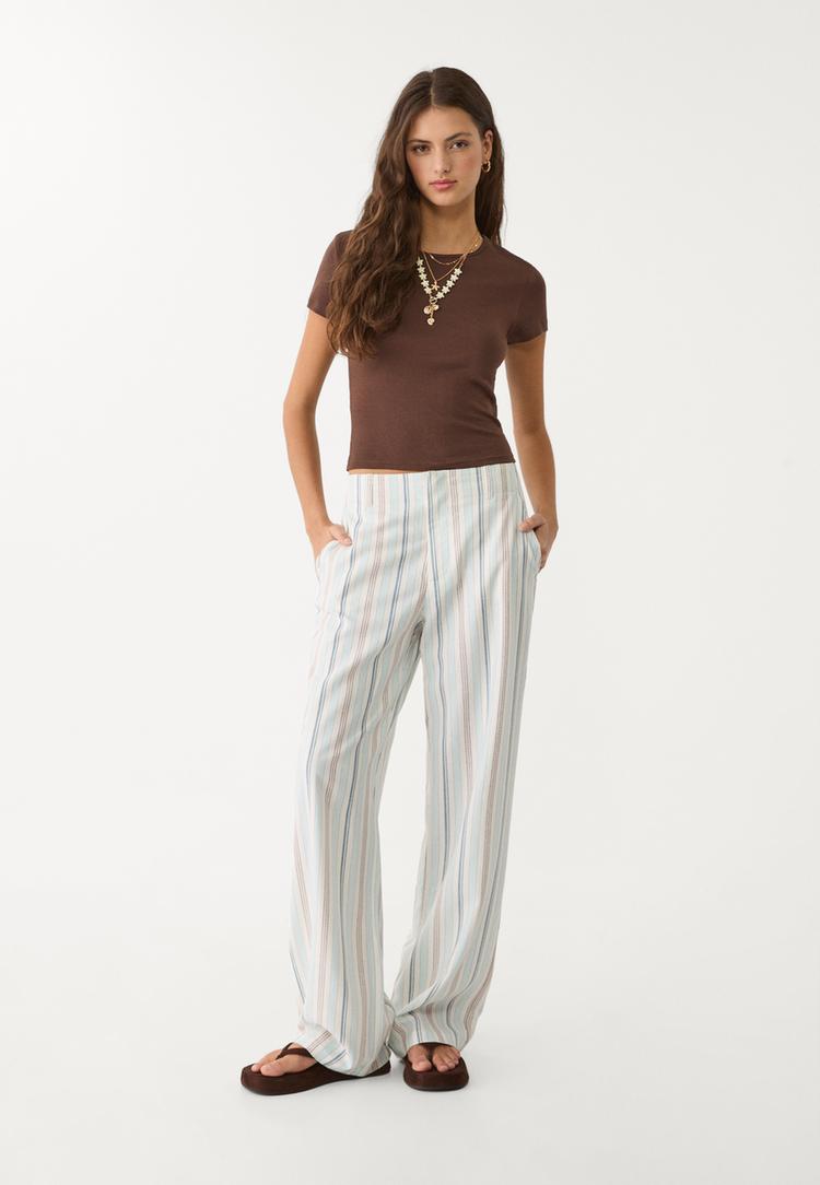 Straight fit dökümlü çizgili keten karışımlı pantolon_8