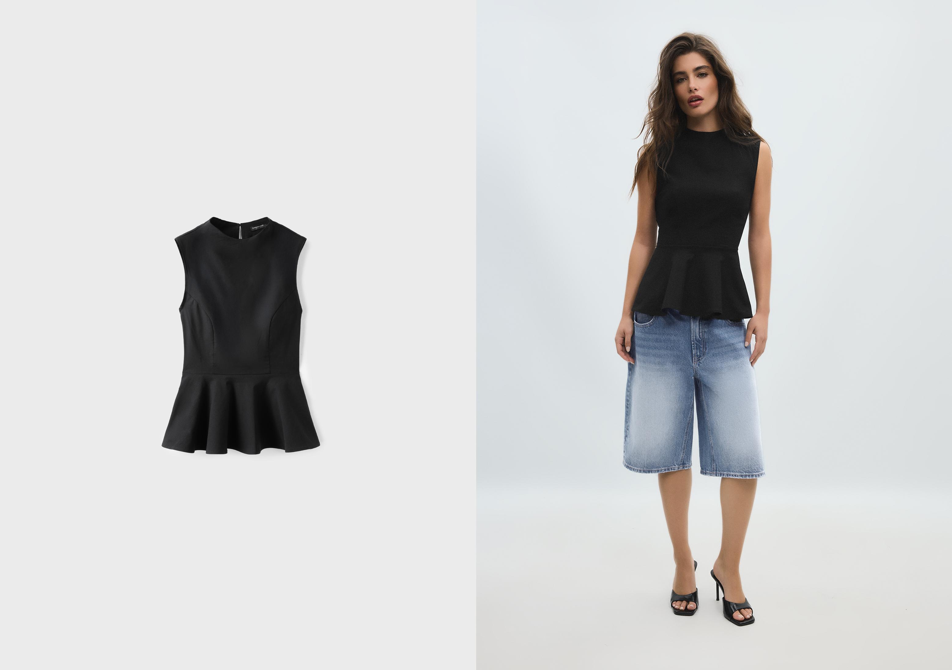 Sleeveless high-neck peplum top — Black