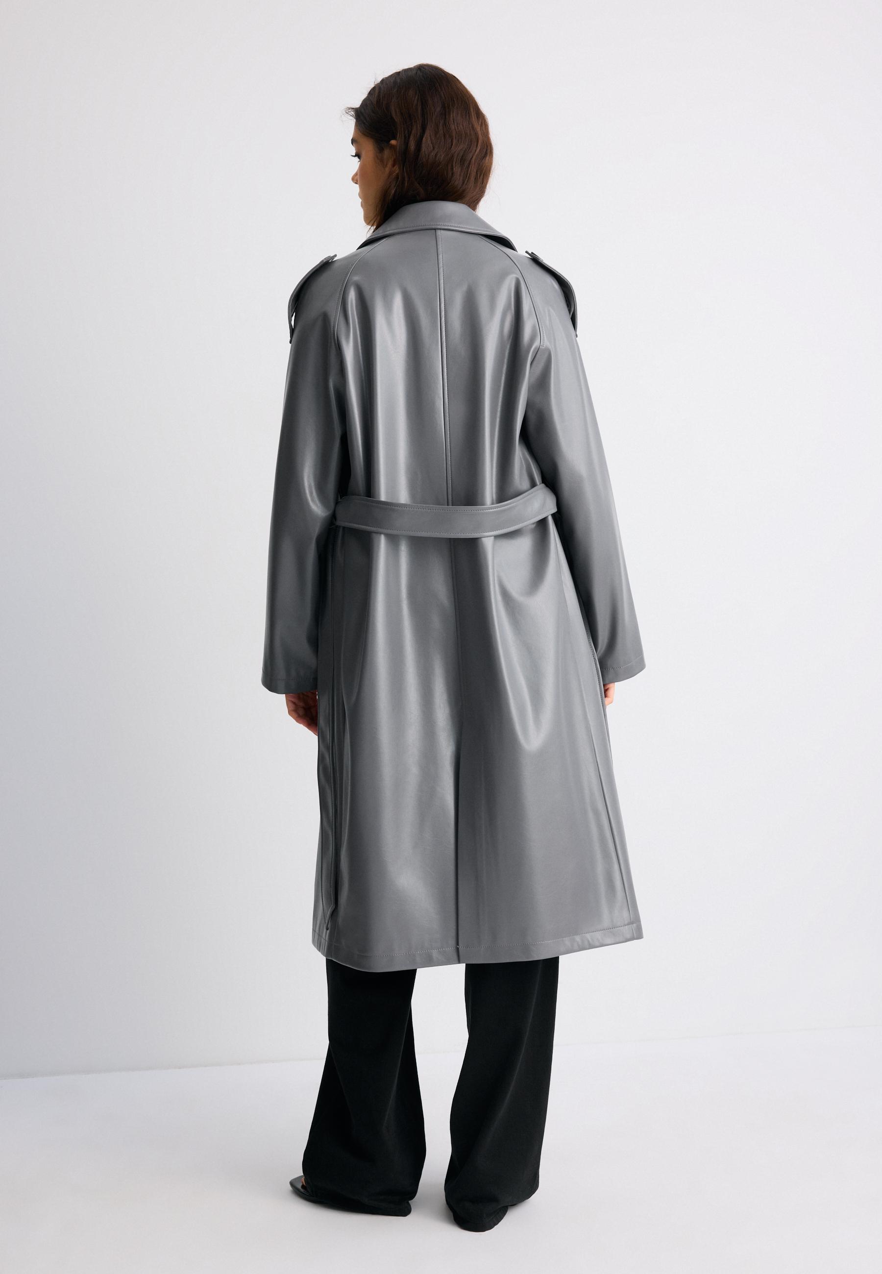Long leather effect trench coat — Dark grey