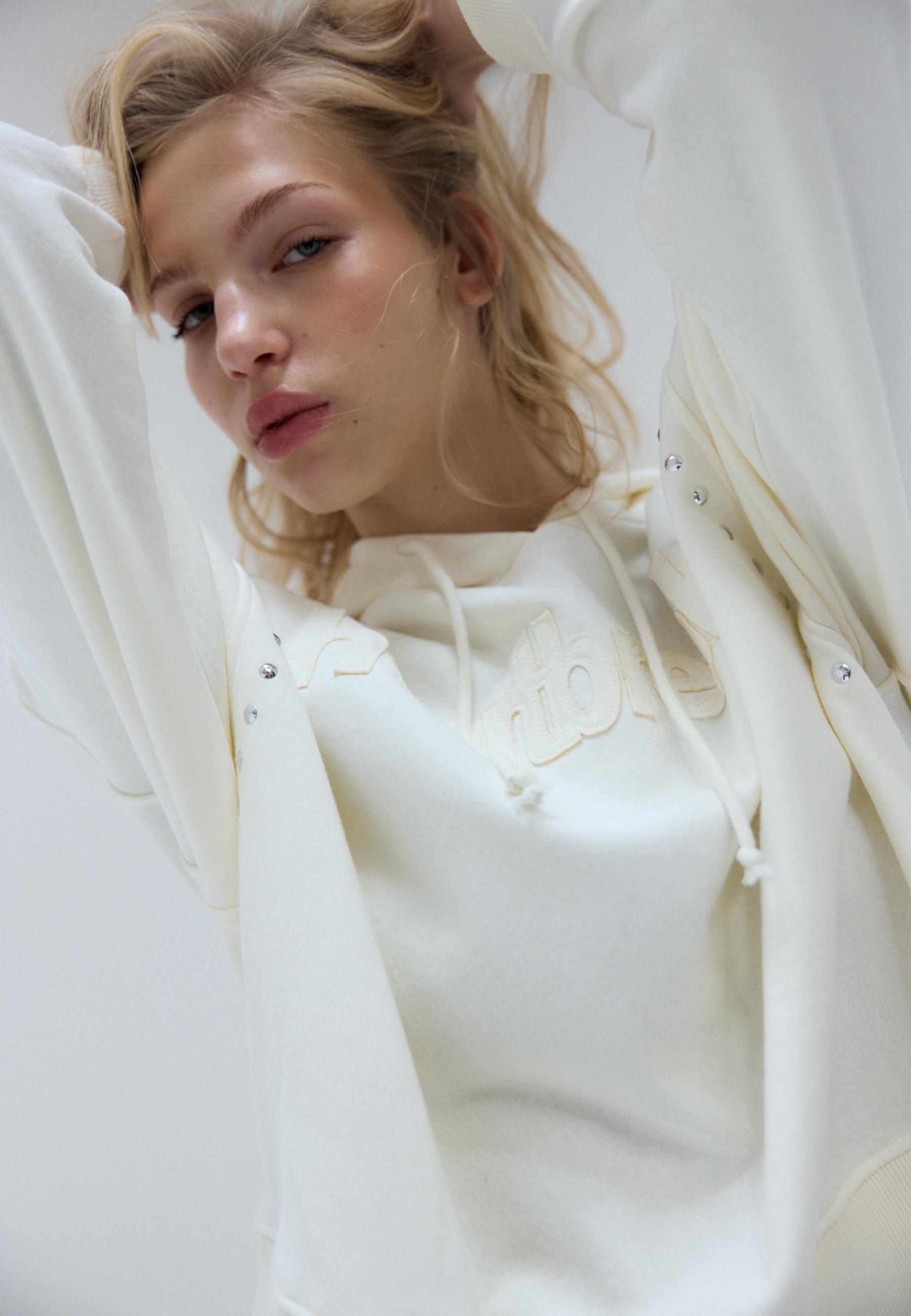 Studded Embroidered Hooded Sweatshirt — Ecru