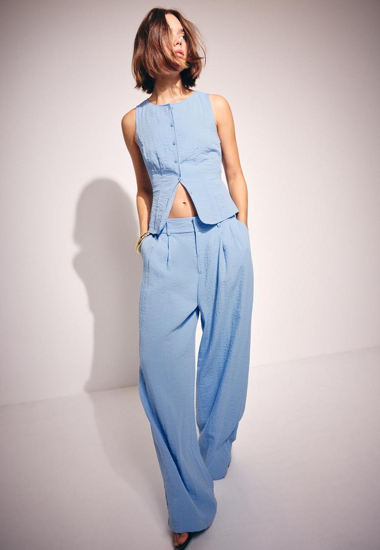 Adjustable rustic wide-leg button trousers — Blue