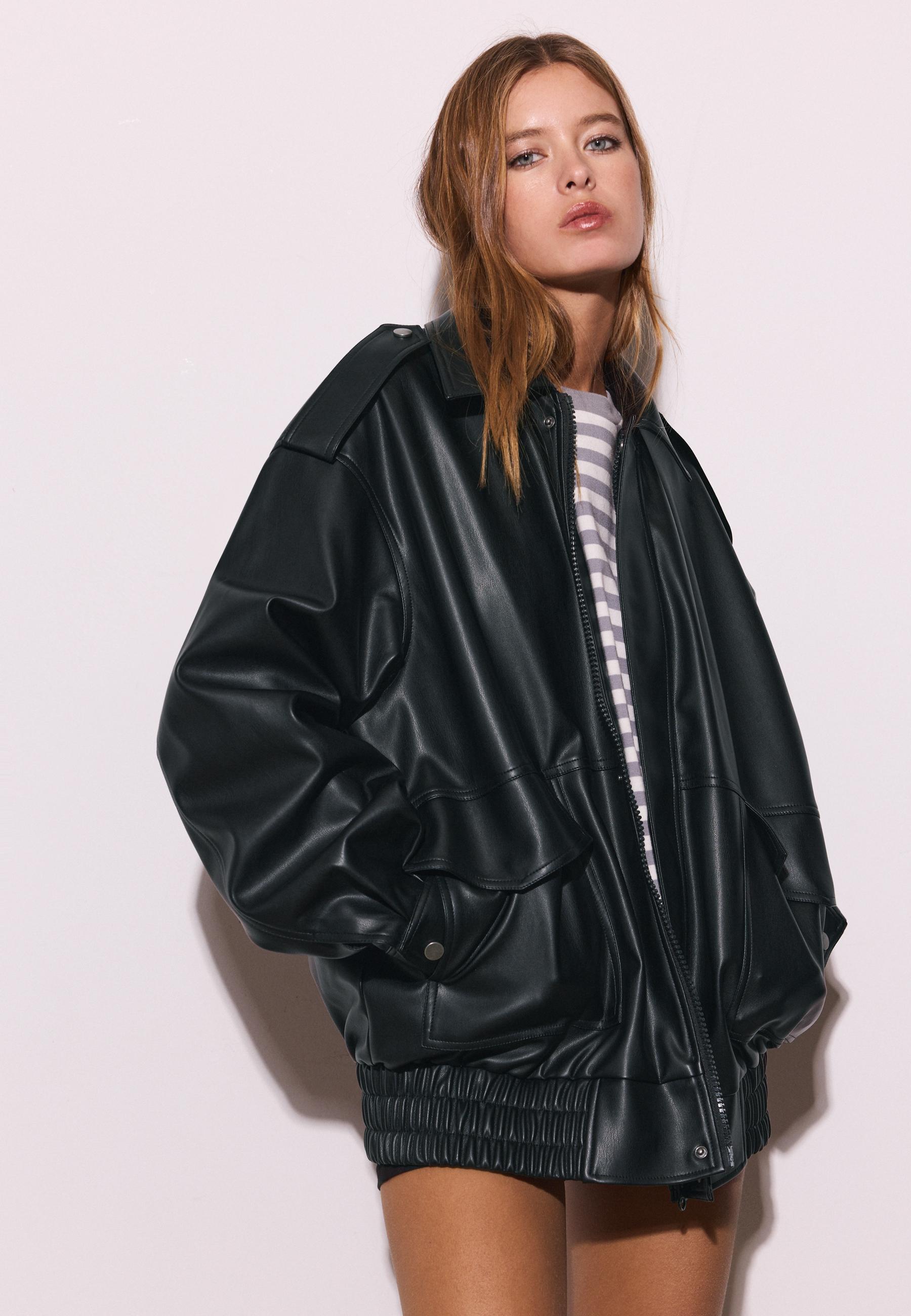 Oversize leather effect biker jacket — Black