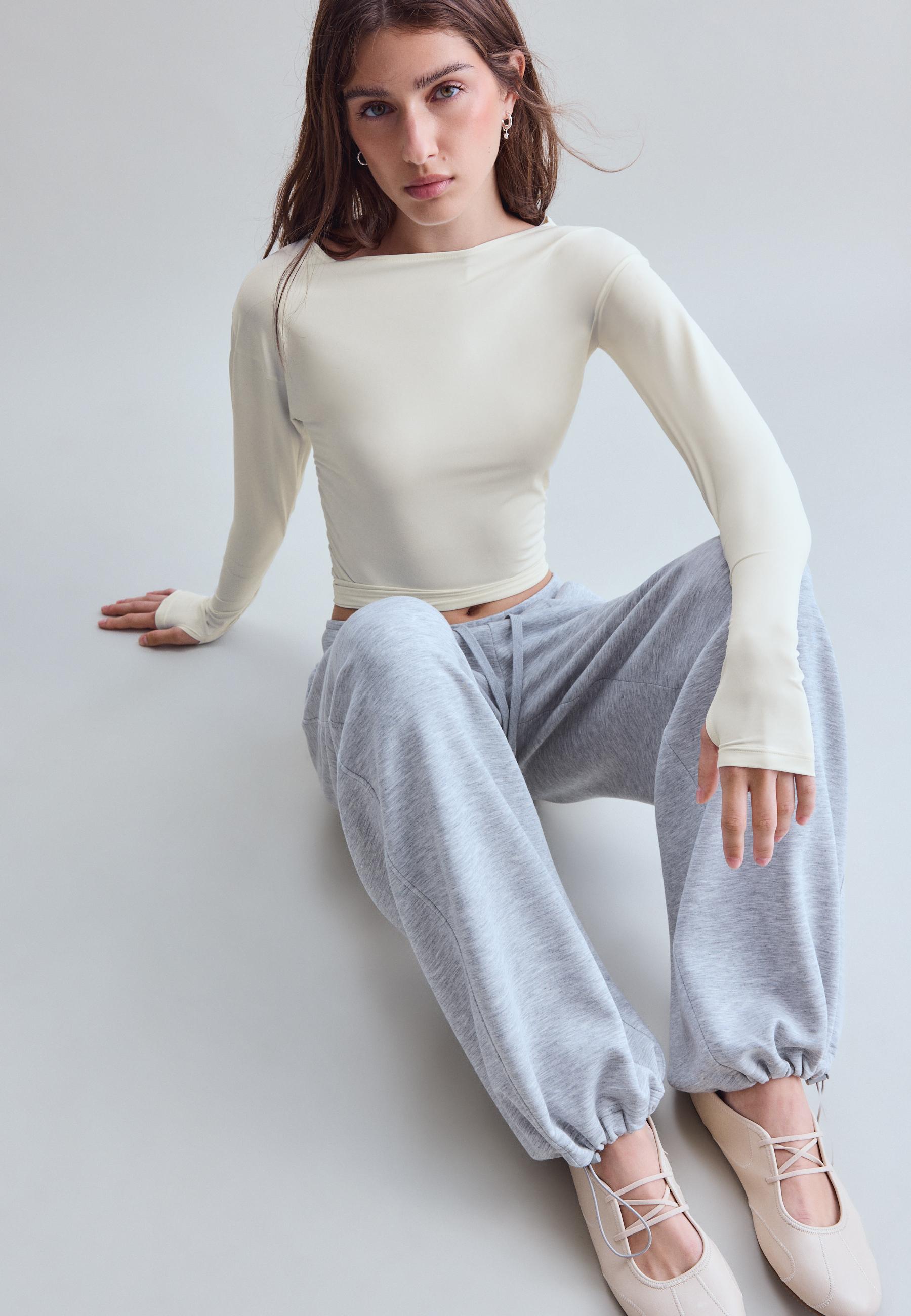 Long sleeve gathered polyamide T-shirt — Ecru