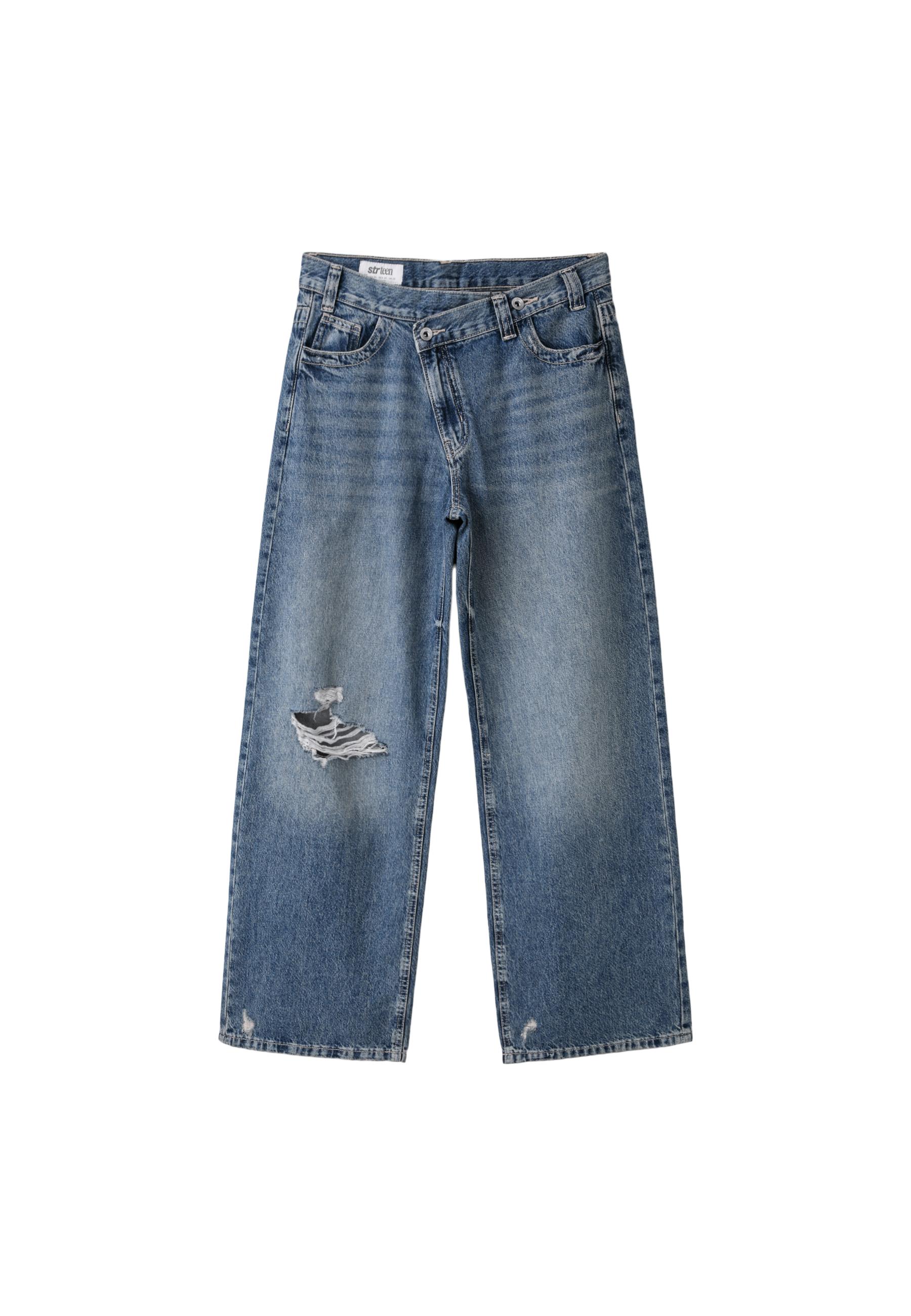 Cross-over waist wide-leg jeans — MEDIUM BLUE DENIM