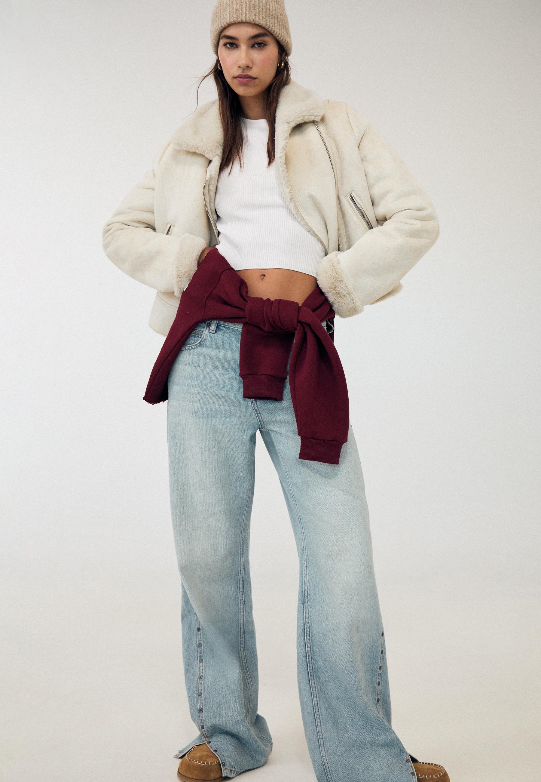 Soft faux fur cropped faux shearling lined biker jacket