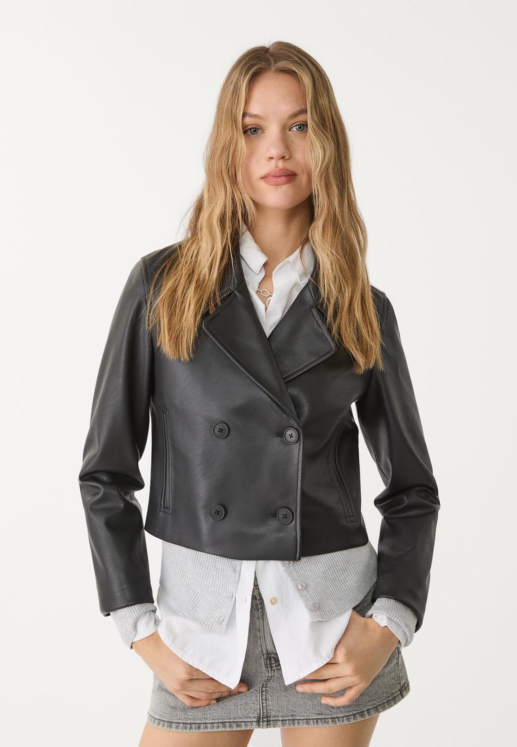 Short leather effect jacket with buttons