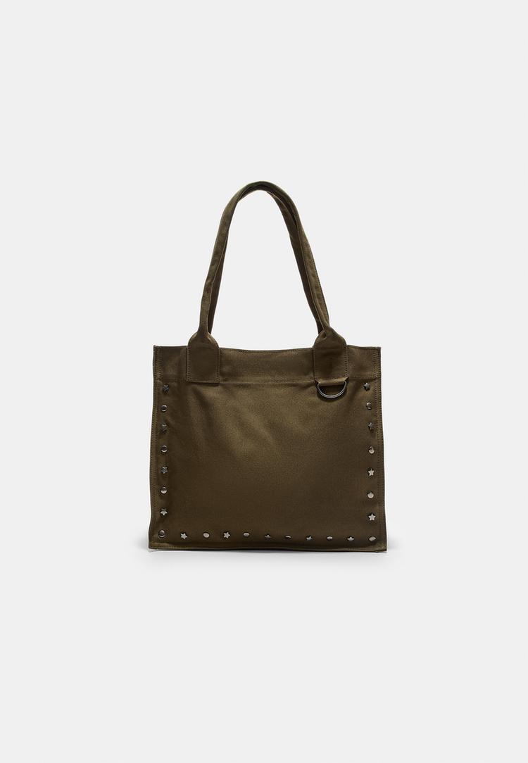 Stradivarius Látková Kabelka Na Nákupy S Cvočkami Khaki Os