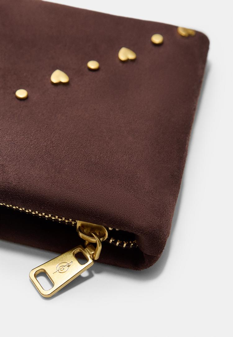 faux suede toiletry bag with studs and hearts
