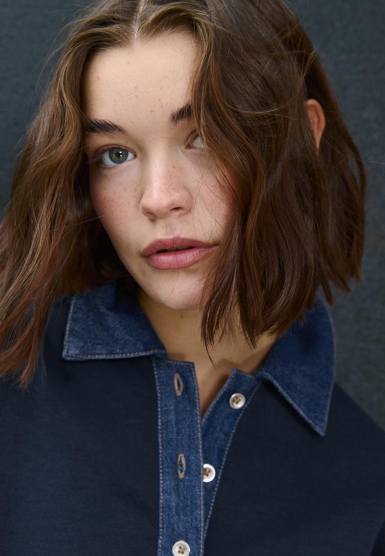 denim collared sweatshirt