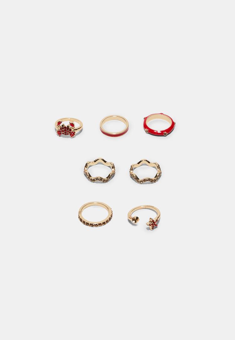 Stradivarius Σετ 7 Δαχτυλίδια Καβούρι Με Λάμψη Κόκκινο Os